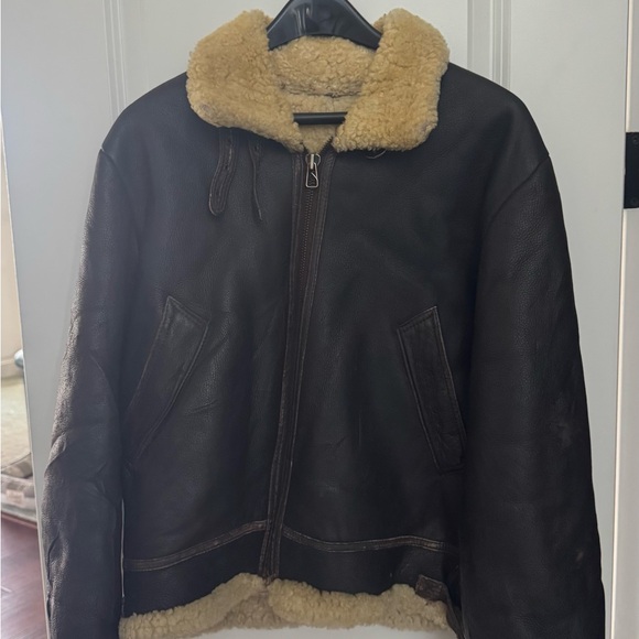 Men's Shearling Leather Bomber Jacket - Brown - Picture 6 of 8